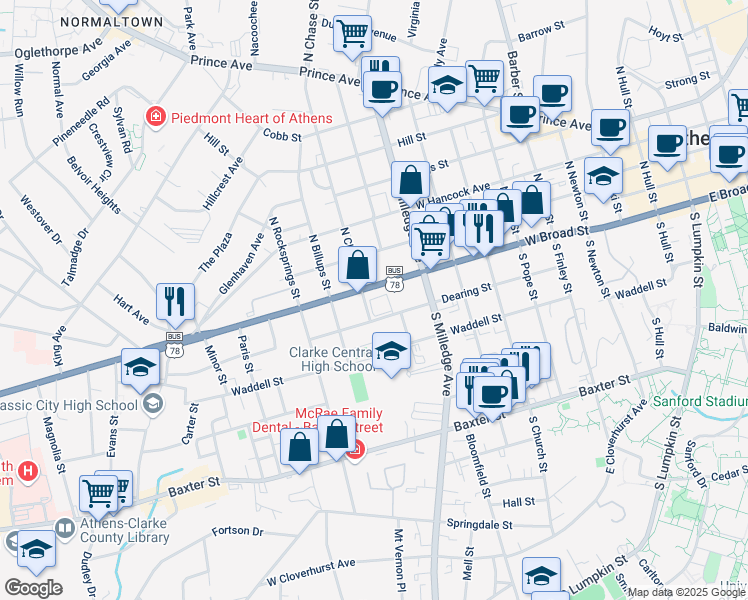 map of restaurants, bars, coffee shops, grocery stores, and more near 1125 West Broad Street in Athens