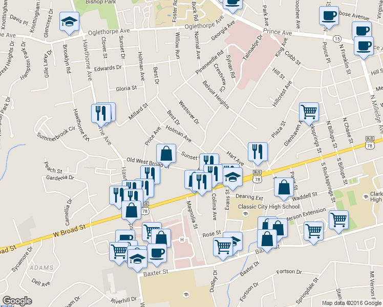 map of restaurants, bars, coffee shops, grocery stores, and more near 150 Sunset Drive in Athens