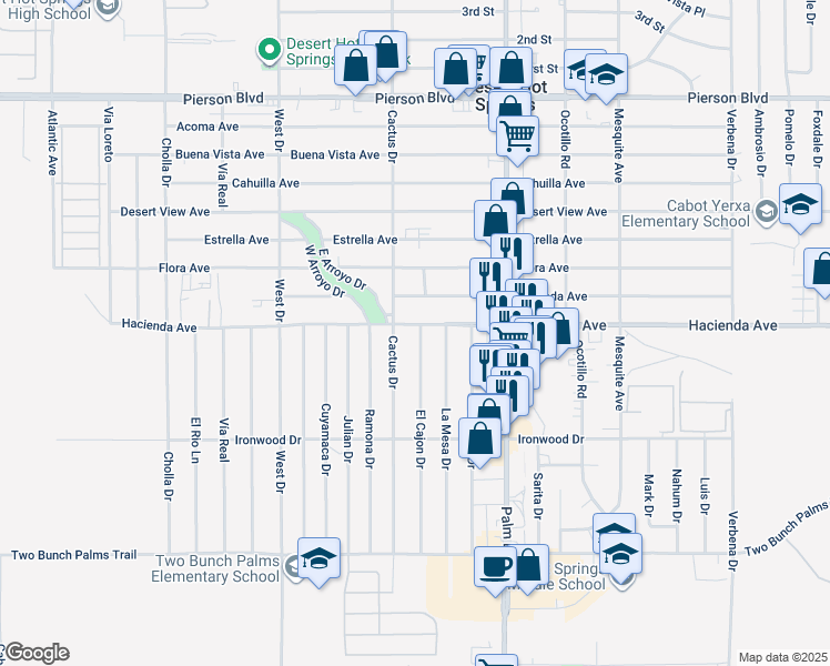 map of restaurants, bars, coffee shops, grocery stores, and more near 66295 Hacienda Avenue in Desert Hot Springs
