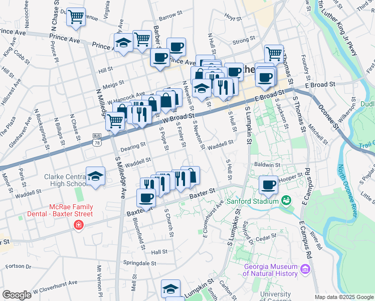 map of restaurants, bars, coffee shops, grocery stores, and more near 284 South Finley Street in Athens