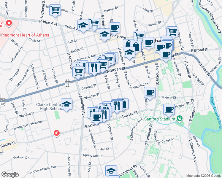 map of restaurants, bars, coffee shops, grocery stores, and more near 285 South Pope Street in Athens