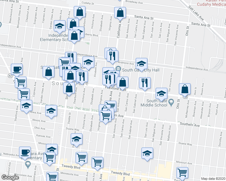 map of restaurants, bars, coffee shops, grocery stores, and more near 3504 Firestone Boulevard in South Gate