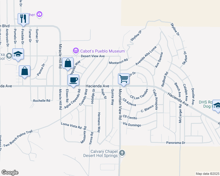 map of restaurants, bars, coffee shops, grocery stores, and more near 67883 Hacienda Avenue in Desert Hot Springs