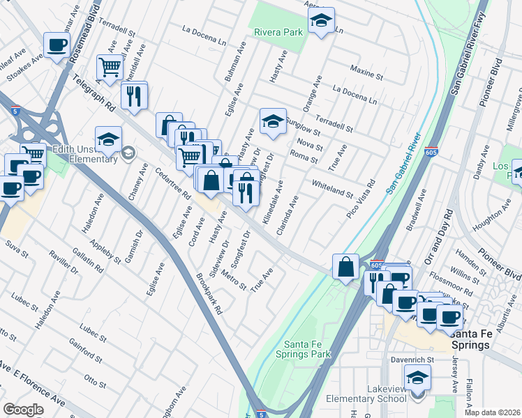 map of restaurants, bars, coffee shops, grocery stores, and more near 8903 Klinedale Avenue in Pico Rivera