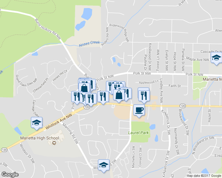 map of restaurants, bars, coffee shops, grocery stores, and more near 803 Mountain View Terrace Northwest in Marietta