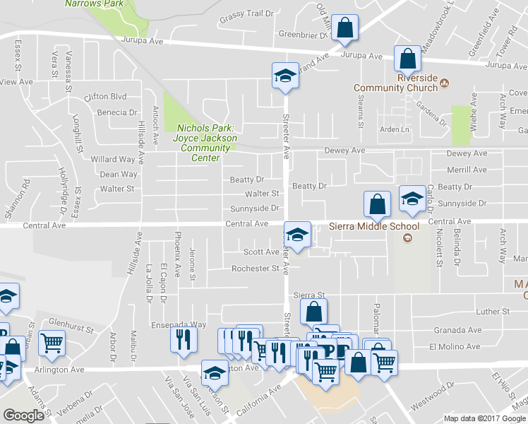map of restaurants, bars, coffee shops, grocery stores, and more near 5362 Sunnyside Drive in Riverside