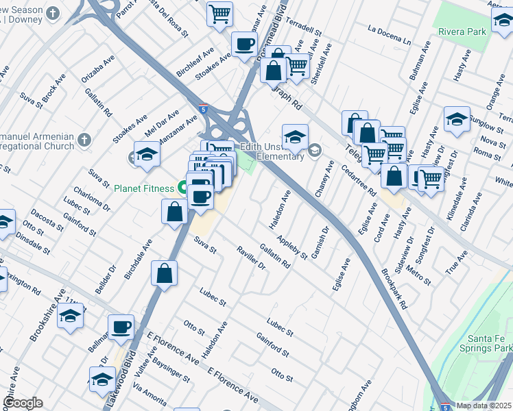 map of restaurants, bars, coffee shops, grocery stores, and more near 9229 Clancey Avenue in Downey