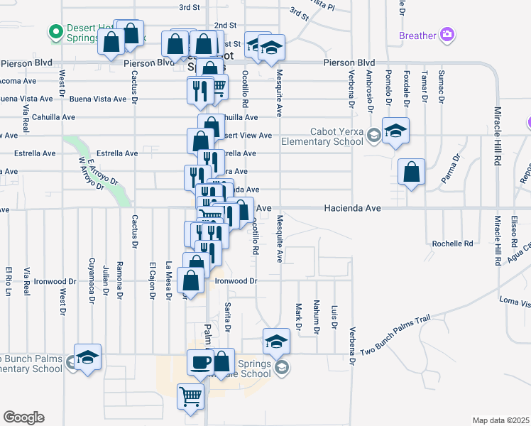 map of restaurants, bars, coffee shops, grocery stores, and more near 66715 Hacienda Avenue in Desert Hot Springs