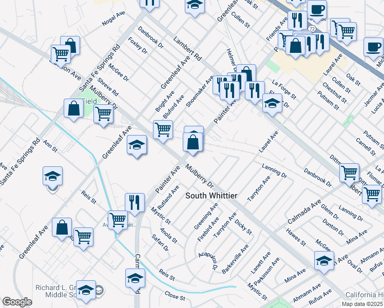 map of restaurants, bars, coffee shops, grocery stores, and more near 9130 Painter Avenue in Whittier