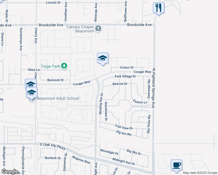 map of restaurants, bars, coffee shops, grocery stores, and more near 1523 Beacon Drive in Beaumont