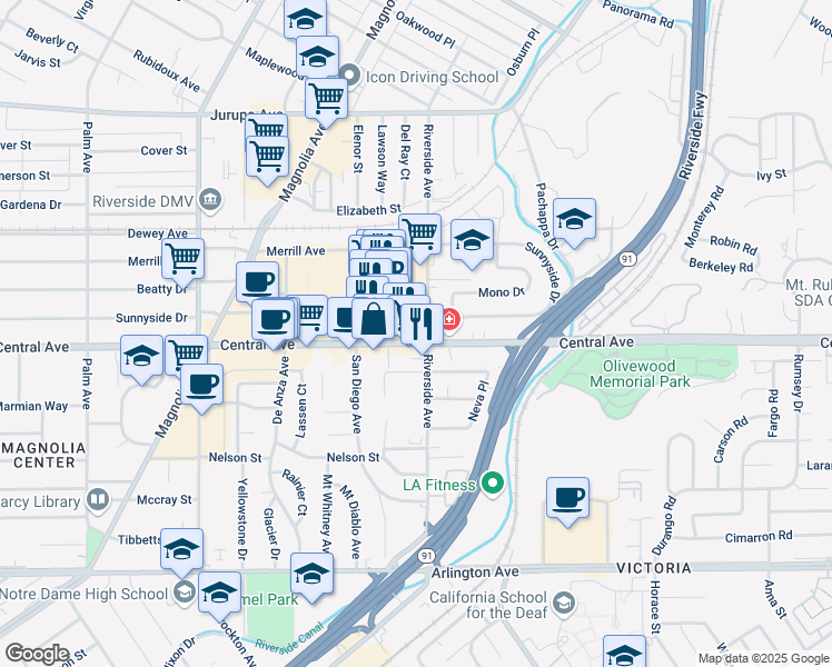 map of restaurants, bars, coffee shops, grocery stores, and more near 3505 Central Avenue in Riverside