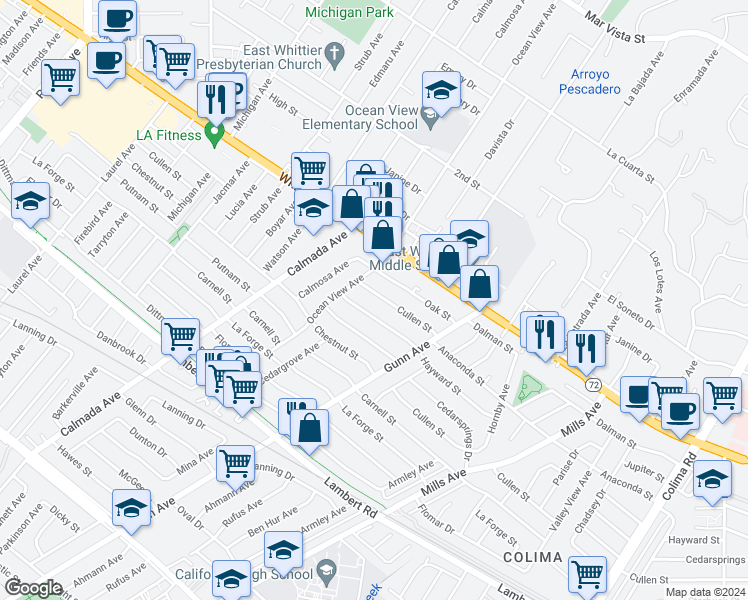 map of restaurants, bars, coffee shops, grocery stores, and more near 14302 Cullen Street in Whittier