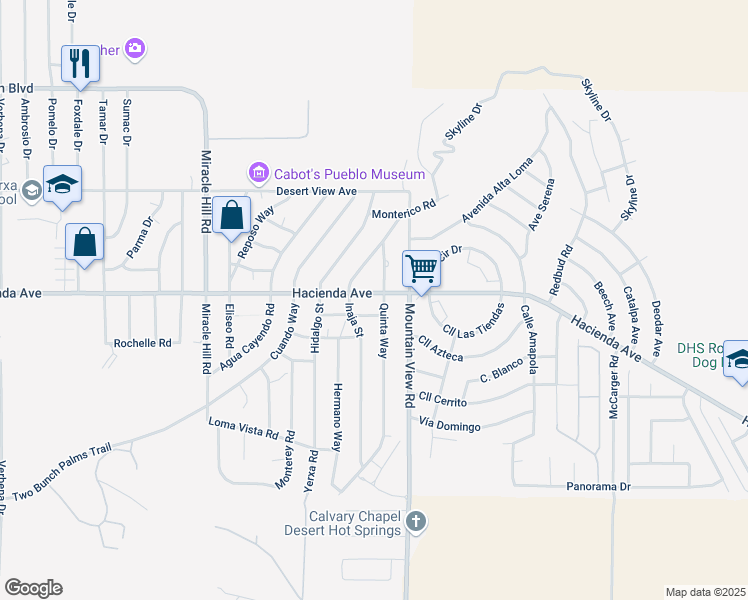map of restaurants, bars, coffee shops, grocery stores, and more near 67883 Hacienda Avenue in Desert Hot Springs