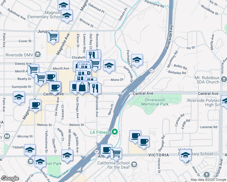 map of restaurants, bars, coffee shops, grocery stores, and more near 3455 Central Avenue in Riverside