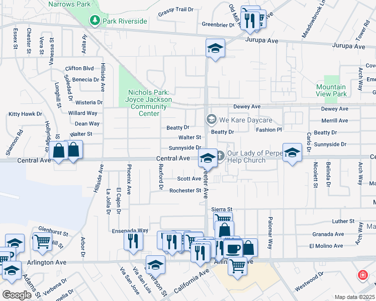map of restaurants, bars, coffee shops, grocery stores, and more near 5362 Sunnyside Drive in Riverside