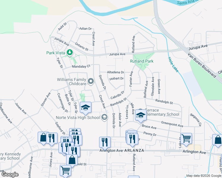 map of restaurants, bars, coffee shops, grocery stores, and more near 6800 Dorinda Drive in Riverside