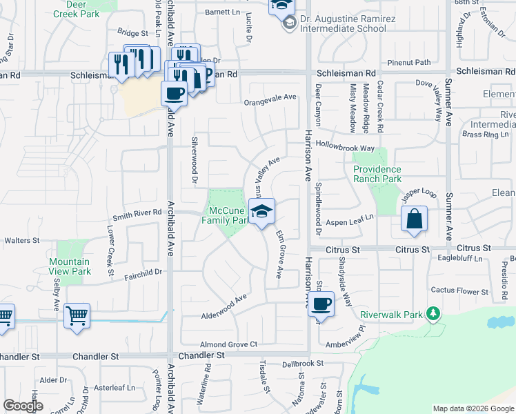 map of restaurants, bars, coffee shops, grocery stores, and more near 7362 Corona Valley Avenue in Corona