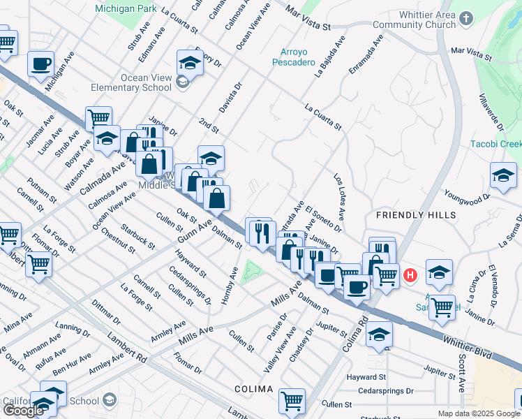 map of restaurants, bars, coffee shops, grocery stores, and more near 8795 Via Linda Avenue in Whittier