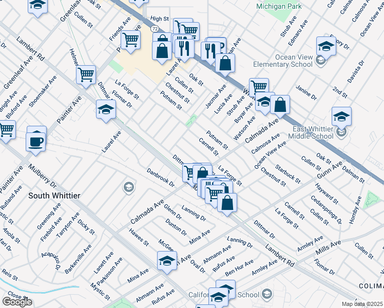 map of restaurants, bars, coffee shops, grocery stores, and more near 13939 Flomar Drive in Whittier