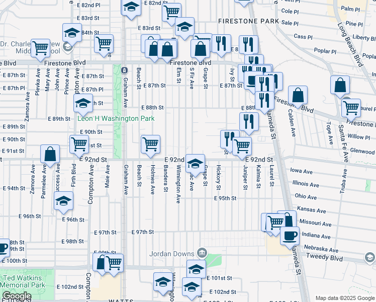 map of restaurants, bars, coffee shops, grocery stores, and more near 9103 South Fir Avenue in Los Angeles