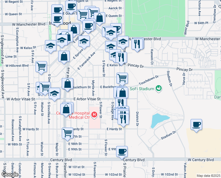 map of restaurants, bars, coffee shops, grocery stores, and more near 801 South Osage Avenue in Inglewood