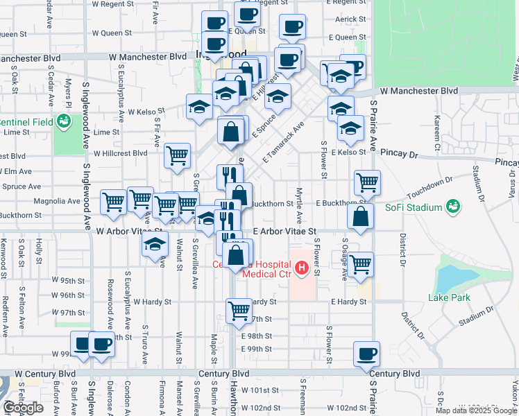 map of restaurants, bars, coffee shops, grocery stores, and more near in Inglewood