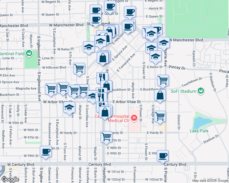 map of restaurants, bars, coffee shops, grocery stores, and more near in Inglewood