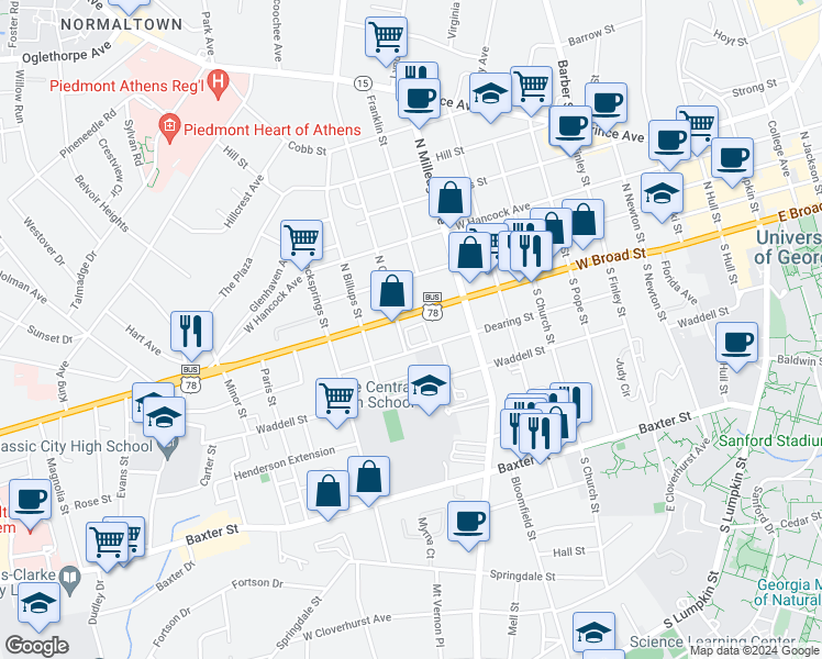 map of restaurants, bars, coffee shops, grocery stores, and more near 1125 West Broad Street in Athens