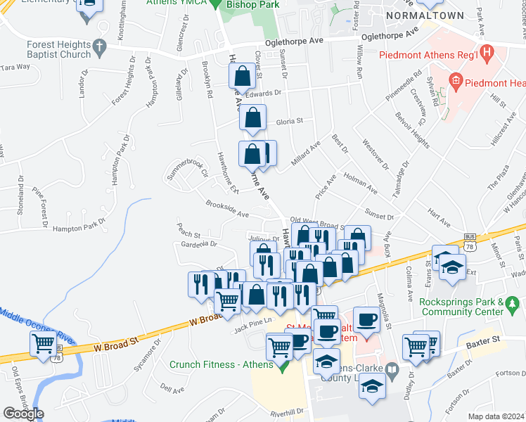 map of restaurants, bars, coffee shops, grocery stores, and more near 100 Brookside Avenue in Athens