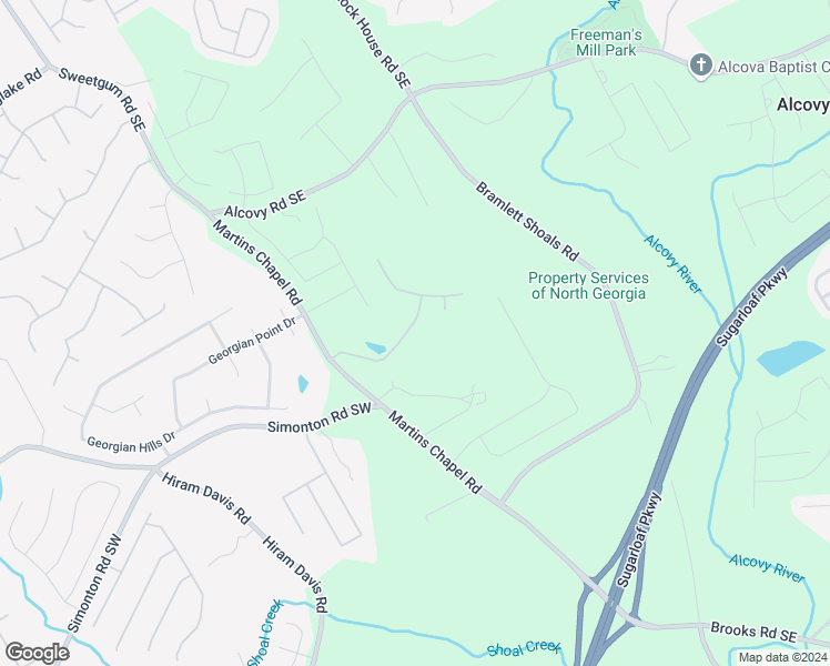 map of restaurants, bars, coffee shops, grocery stores, and more near 1290 Martins Down Drive Southeast in Lawrenceville