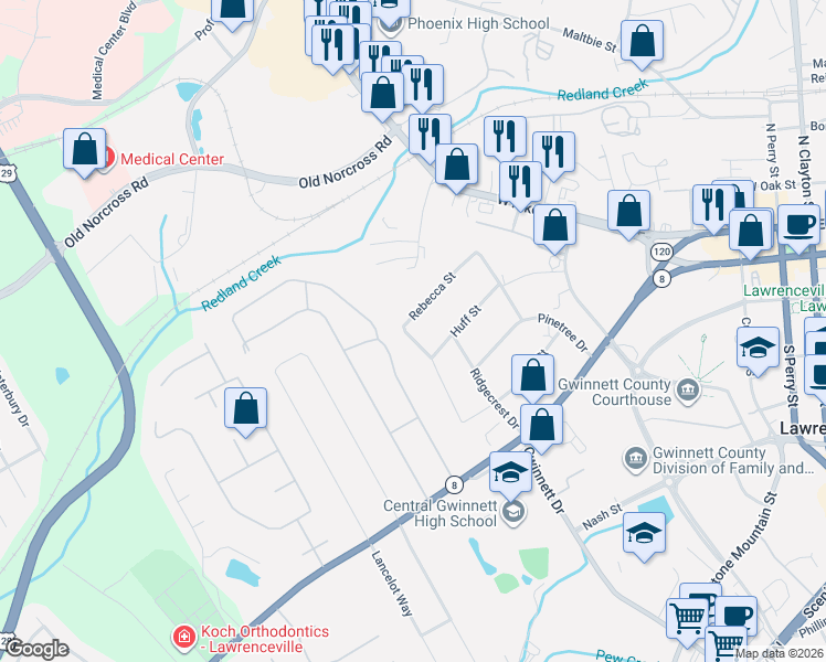 map of restaurants, bars, coffee shops, grocery stores, and more near 493 Rebecca Street in Lawrenceville
