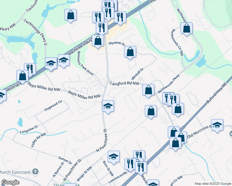 map of restaurants, bars, coffee shops, grocery stores, and more near 1107 Carroll Court Northwest in Norcross
