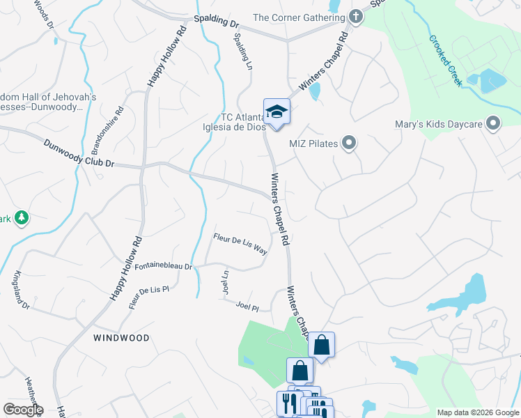 map of restaurants, bars, coffee shops, grocery stores, and more near 2907 Fontainebleau Drive in Dunwoody
