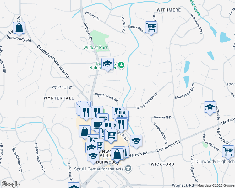 map of restaurants, bars, coffee shops, grocery stores, and more near 5258 Wyntercreek Drive in Dunwoody