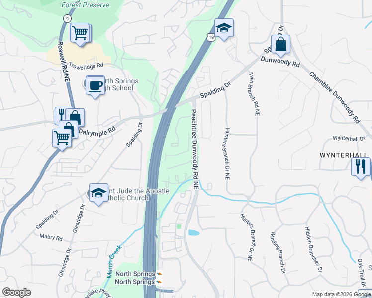 map of restaurants, bars, coffee shops, grocery stores, and more near 7300 Village Creek Trace in Atlanta