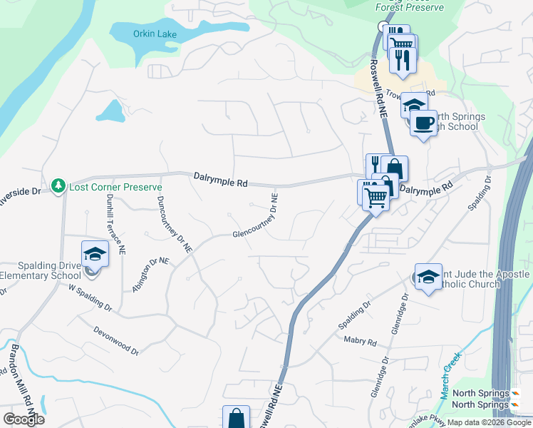 map of restaurants, bars, coffee shops, grocery stores, and more near 450 Glencourtney Drive Northeast in Atlanta