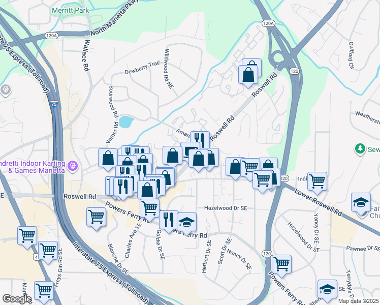 map of restaurants, bars, coffee shops, grocery stores, and more near 1625 Roswell Road in Marietta