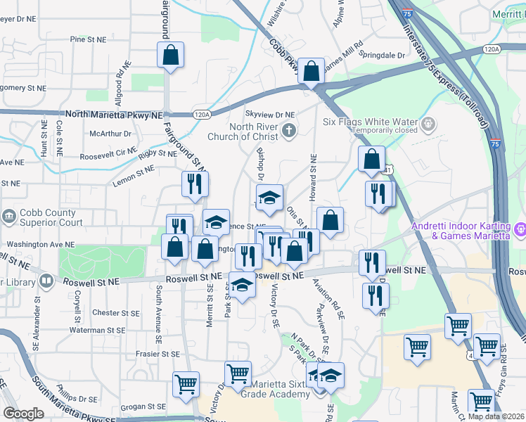 map of restaurants, bars, coffee shops, grocery stores, and more near 718 Trout Street in Marietta