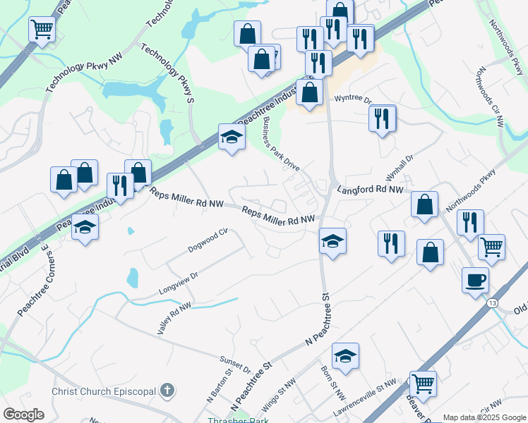 map of restaurants, bars, coffee shops, grocery stores, and more near 5544 Reps Trce in Norcross