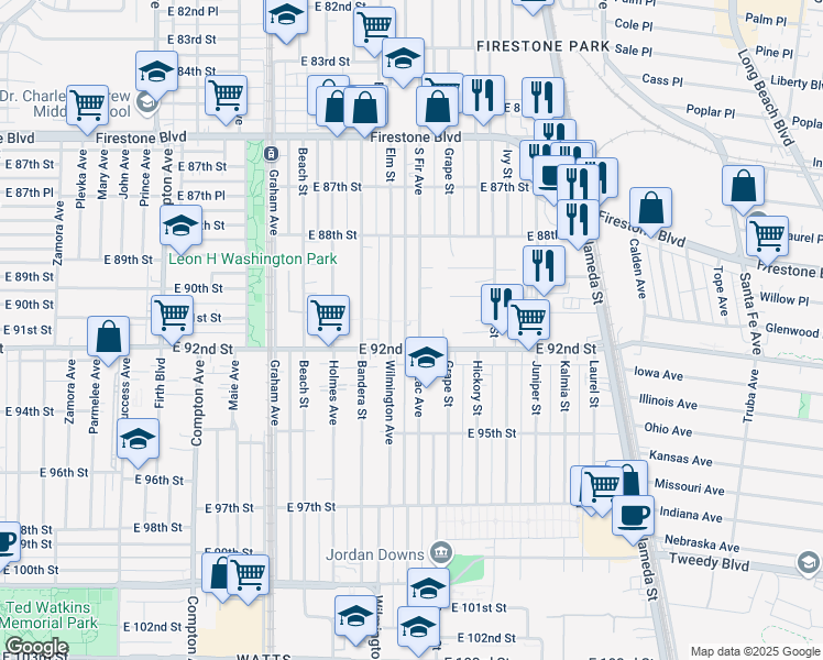 map of restaurants, bars, coffee shops, grocery stores, and more near 9103 South Fir Avenue in Los Angeles