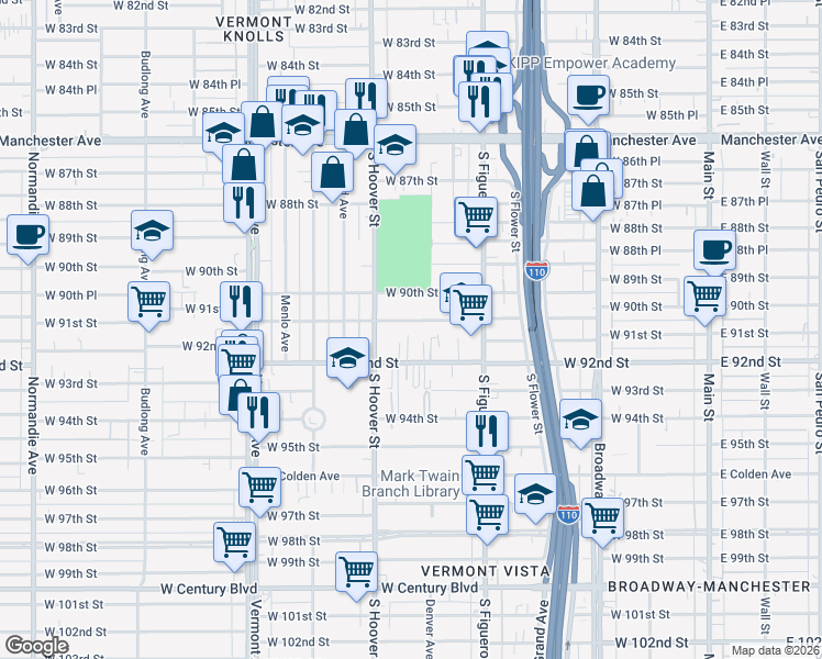 map of restaurants, bars, coffee shops, grocery stores, and more near 622 West 91st Street in Los Angeles