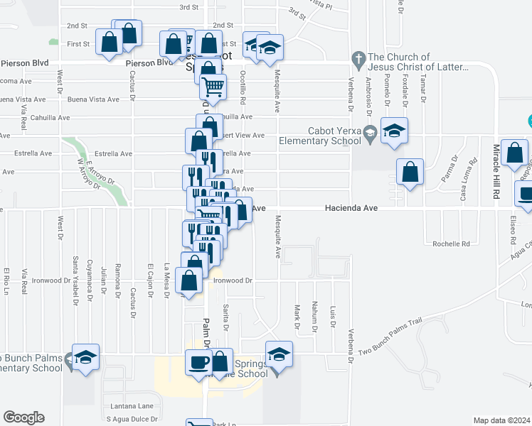map of restaurants, bars, coffee shops, grocery stores, and more near 66717 Hacienda Avenue in Desert Hot Springs