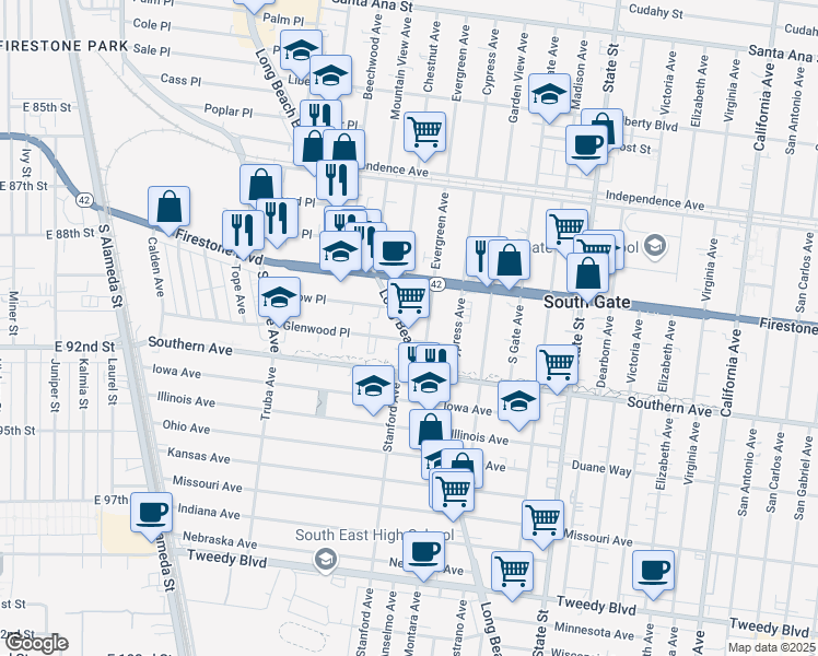 map of restaurants, bars, coffee shops, grocery stores, and more near 9015 Long Beach Boulevard in South Gate