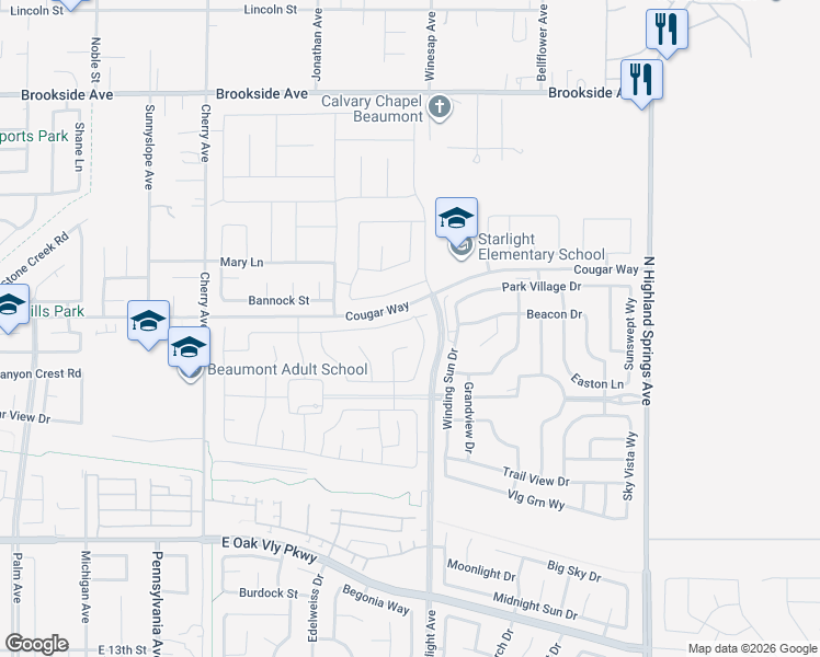 map of restaurants, bars, coffee shops, grocery stores, and more near 1475 Galaxy Drive in Beaumont