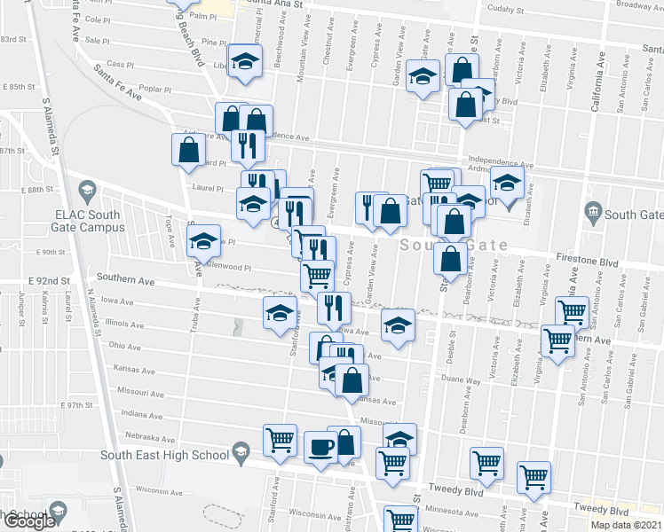 map of restaurants, bars, coffee shops, grocery stores, and more near 8948 Evergreen Avenue in South Gate