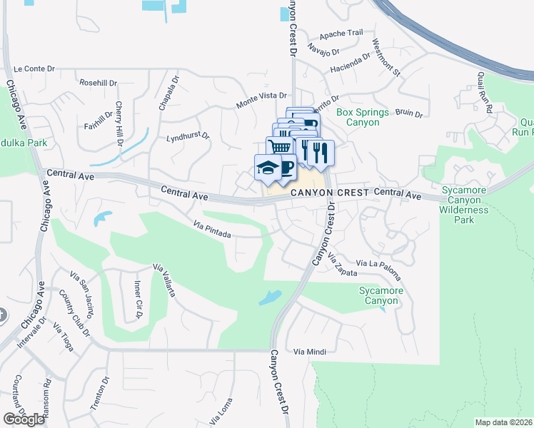map of restaurants, bars, coffee shops, grocery stores, and more near 1000 Central Avenue in Riverside