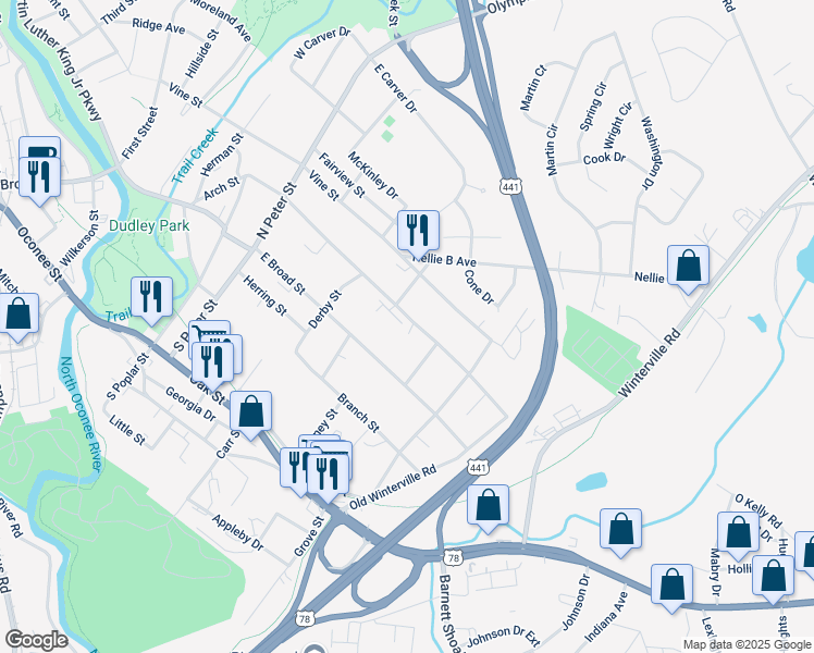 map of restaurants, bars, coffee shops, grocery stores, and more near 366 Arch Street in Athens