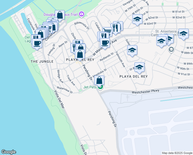 map of restaurants, bars, coffee shops, grocery stores, and more near 8346 Manitoba Street in Los Angeles