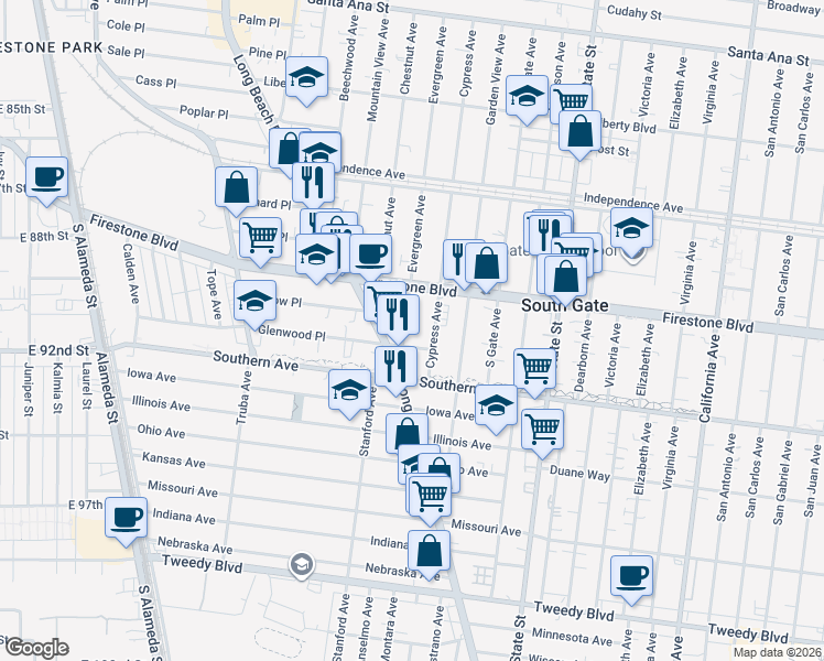 map of restaurants, bars, coffee shops, grocery stores, and more near 8948 Evergreen Avenue in South Gate