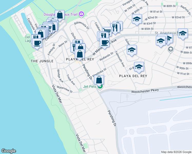 map of restaurants, bars, coffee shops, grocery stores, and more near 8354 Manitoba Street in Los Angeles